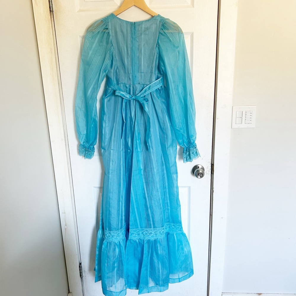 Vintage 1970’s Blue Pantel Maxi Dress Long Sleeve Lace Trim Fairycore Trad-wife - Picture 4 of 14